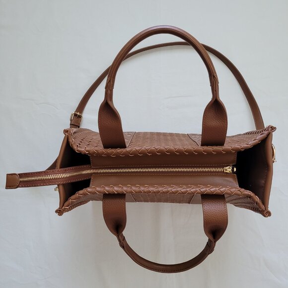 Cognac Brown Vegan Leather Woven Tote Bag & Wallet - Picture 5 of 12
